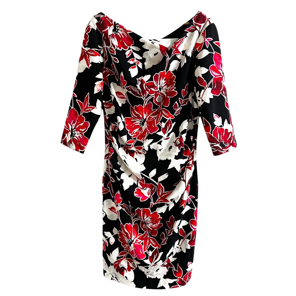 White House Black Market Floral Cowl Neck Ruched Sheath Dress Red Black Size 14